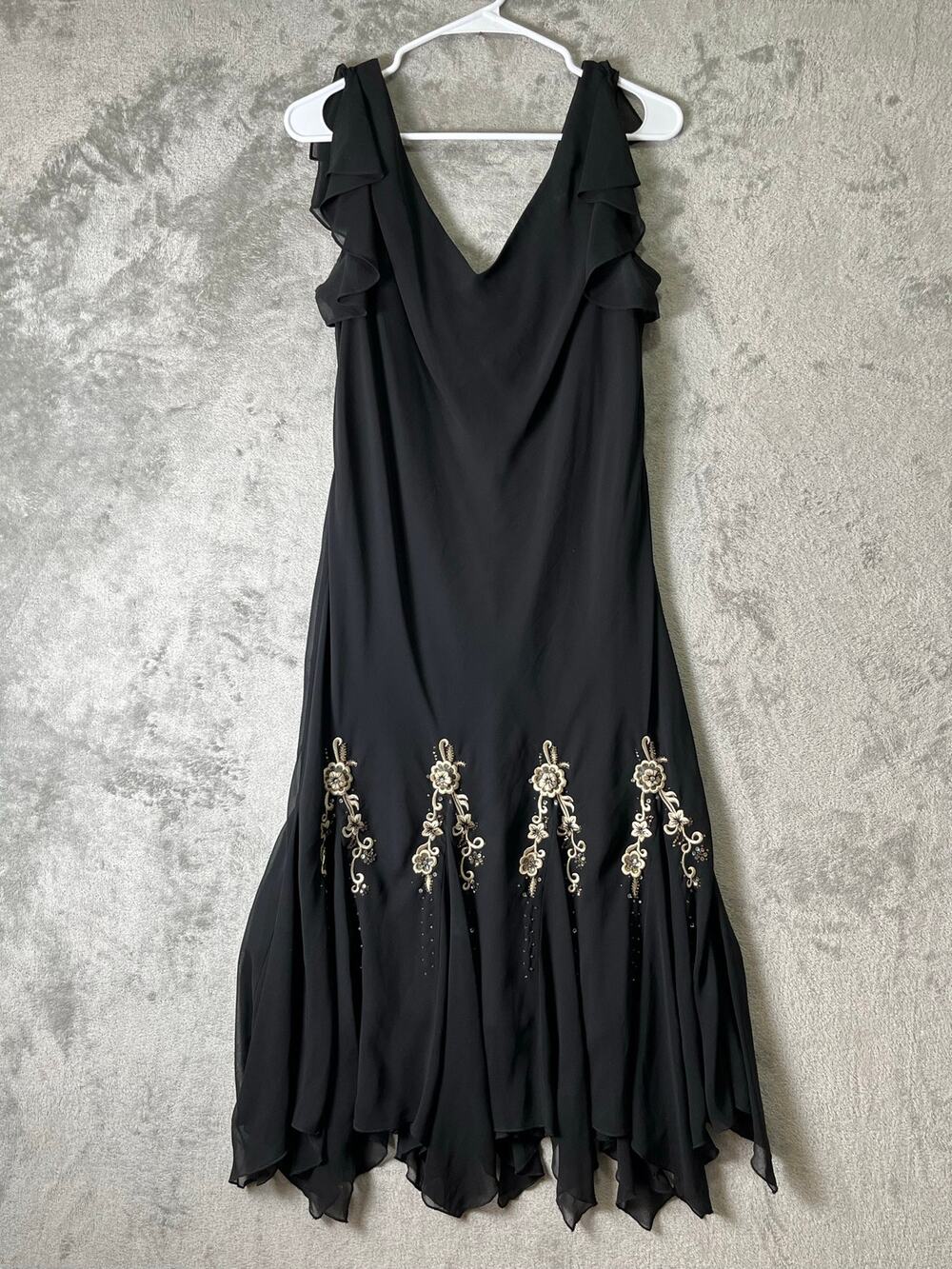 Vintage y2k Black Chiffon‎ Handkerchief Hem Dress Floral Beaded Embroidered Med